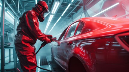 Technician spray painting vehicle